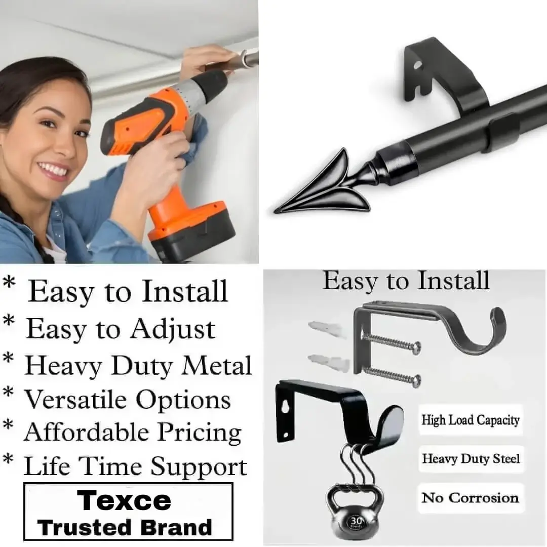 black curtain rod set with brackets black curtain rod set with brackets - Three-panel showcase: (1) DIY girl installing a curtain rod with a drill, (2) elegant ball-shaped finial rod design, and (3) close-up of heavy-duty steel brackets. Overlay text highlights: ‘Easy to install, corrosion-proof steel, versatile styles, affordable pricing, lifetime support, and Texce—a trusted brand