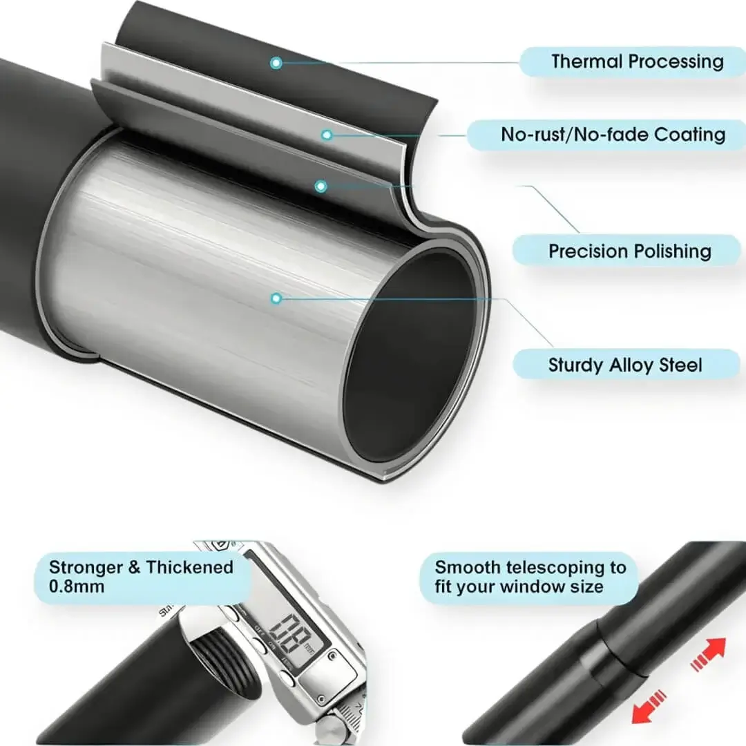 extendable curtain rod black extendable curtain rods black - Close-up of curtain rod pole with highlighted text: 'Anti-rust coating, 0.8mm thickness, 1-inch diameter, smooth telescoping - showcasing durable construction for long-lasting performance and easily adjustable.
