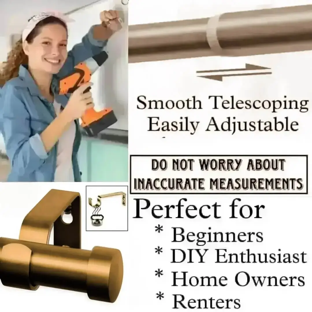 extendable curtain rod set - showcase, DIY girl installing curtain rods with a drill—text highlights ‘Perfect for DIY enthusiasts, Apartments, renters, beginners, home owners !’ Features smooth telescoping rods, and easily adjustable design so you never worry about inaccurate measurements