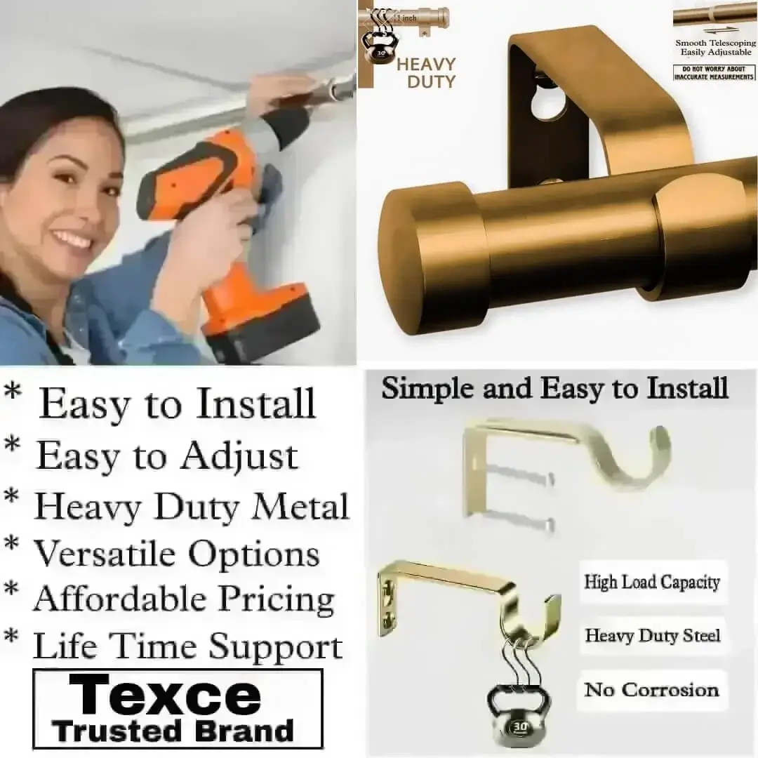 curtain rods and brackets for living room curtain rods and brackets for living room - Three-panel showcase: (1) DIY girl installing a curtain rod with a drill, (2) elegant end cap curtain rod design, and (3) close-up of heavy-duty steel brackets. Overlay text highlights: ‘Easy to install, corrosion-proof steel, versatile styles, affordable pricing, lifetime support, and Texce—a trusted brand