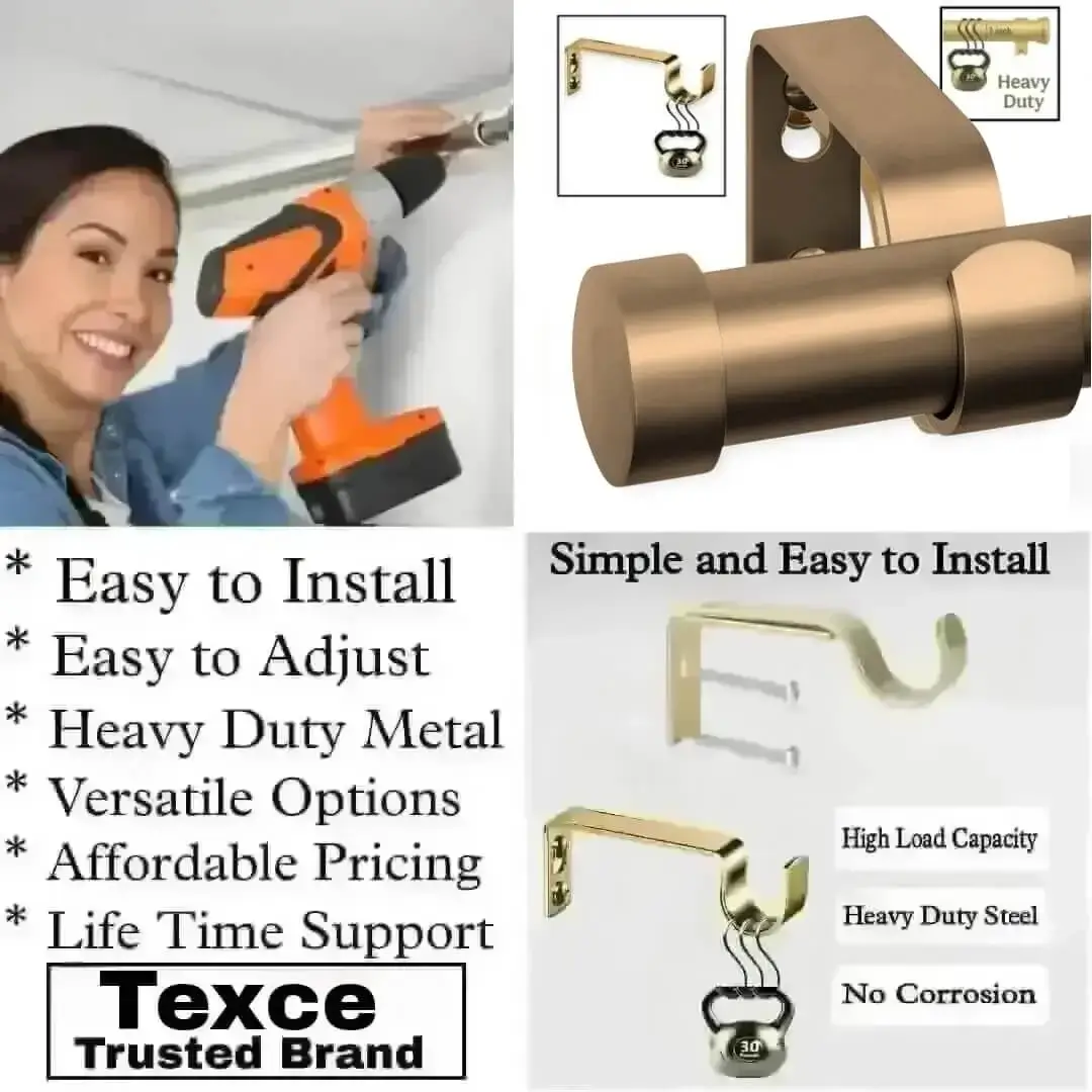 extendable curtain pole with brackets extendable curtain pole with brackets - Three-panel showcase: (1) DIY girl installing a curtain rod with a drill, (2) elegant end cap curtain rod design, and (3) close-up of heavy-duty steel brackets. Overlay text highlights: ‘Easy to install, corrosion-proof steel, versatile styles, affordable pricing, lifetime support, and Texce—a trusted brand
