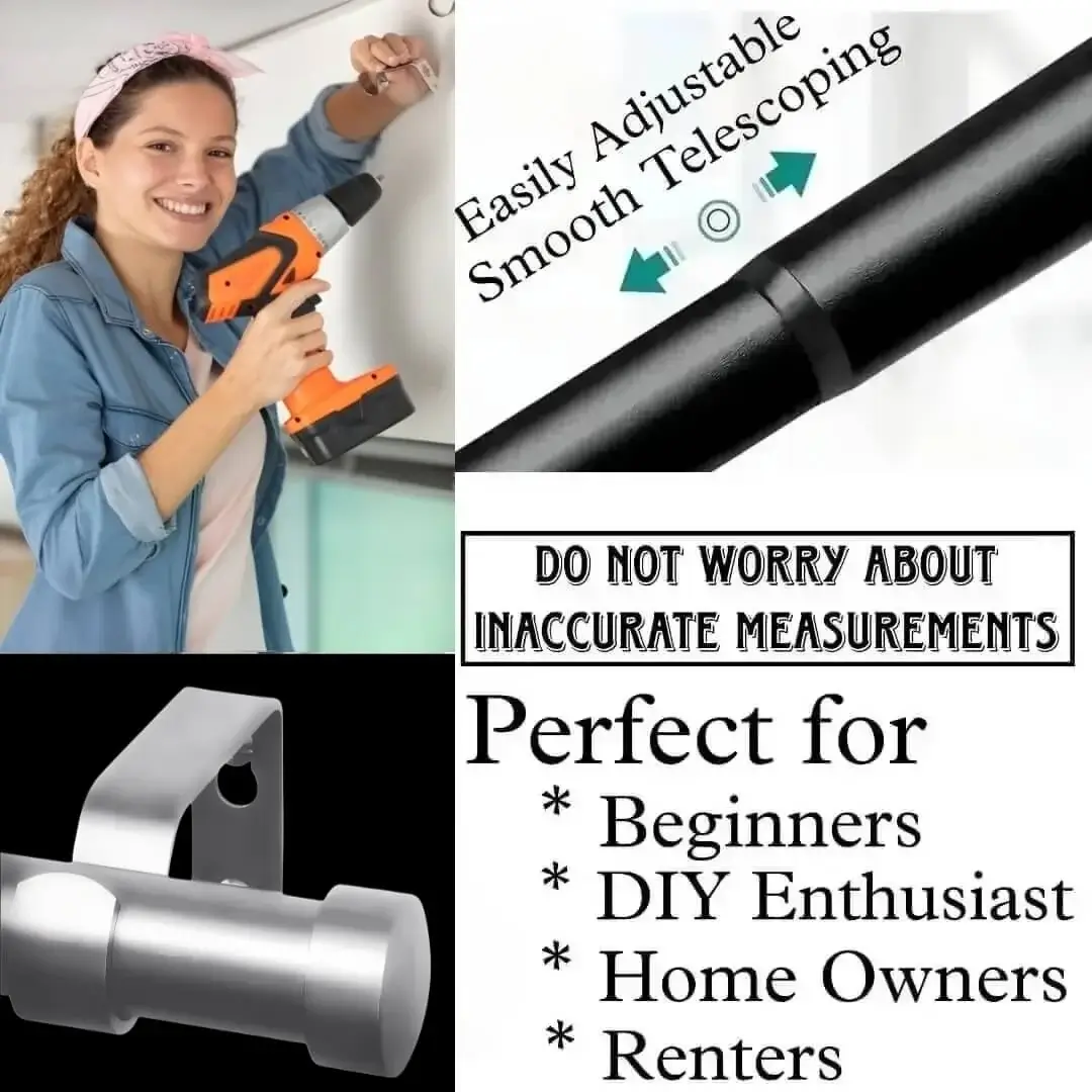 curtain rod for renters curtain rod for renters - DIY girl installing chrome finish curtain rods with a drill—text highlights ‘Perfect for beginners, DIY enthusiasts, homeowners and renters!’ Features smooth telescoping rods, and easily adjustable design so you never worry about inaccurate measurements
