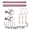 curtain rod set adjustable double curtain rod set with hooks - showcase, complete curtain pipe set with accessories displayed with all included components: 2 decorative finials, 3 heavy duty brackets, 1 rod, wall anchors, and screws. Text overlay lists the 'Package List,' showcasing everything needed for professional installation.