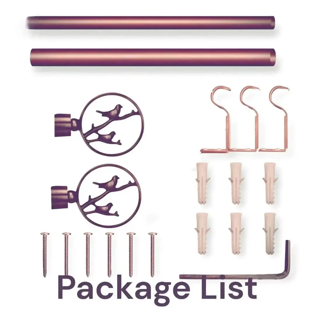 curtain rod set adjustable double curtain rod set with hooks - showcase, complete curtain pipe set with accessories displayed with all included components: 2 decorative finials, 3 heavy duty brackets, 1 rod, wall anchors, and screws. Text overlay lists the 'Package List,' showcasing everything needed for professional installation.