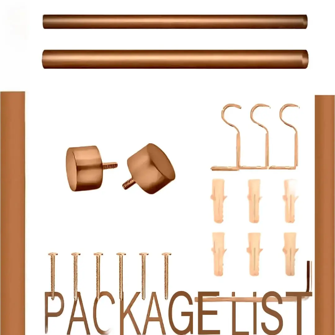 copper curtain rod set 11 foot curtain rod set - showcase, complete curtain pipe set with accessories displayed with all included components: 2 decorative finials, 3 heavy duty brackets, 1 rod, wall anchors, and screws. Text overlay lists the 'Package List,' showcasing everything needed for professional installation.