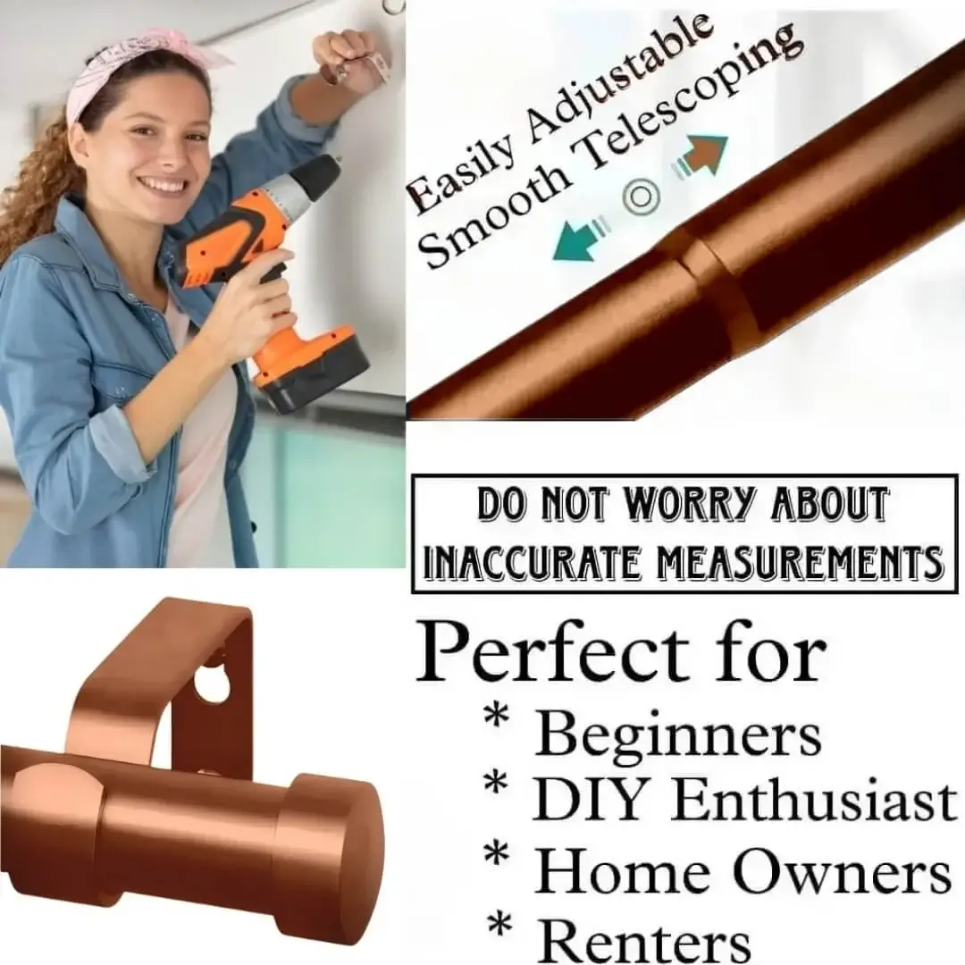 expandable curtain pole expandable curtain pole - DIY girl installing copper finish curtain rods with a drill—text highlights ‘Perfect for beginners, DIY enthusiasts, homeowners and renters!’ Features smooth telescoping rods, and easily adjustable design so you never worry about inaccurate measurements