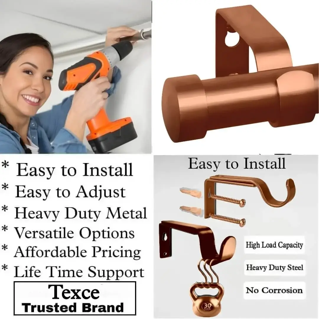 11 foot curtain rod with mounting brackets 11 foot curtain rod with mounting brackets - Three-panel showcase: (1) DIY girl installing a curtain rod with a drill, (2) elegant end cap curtain rod design rose gold colour, and (3) close-up of heavy-duty steel brackets. Overlay text highlights: ‘Easy to install, corrosion-proof steel, versatile styles, affordable pricing, lifetime support, and Texce—a trusted brand