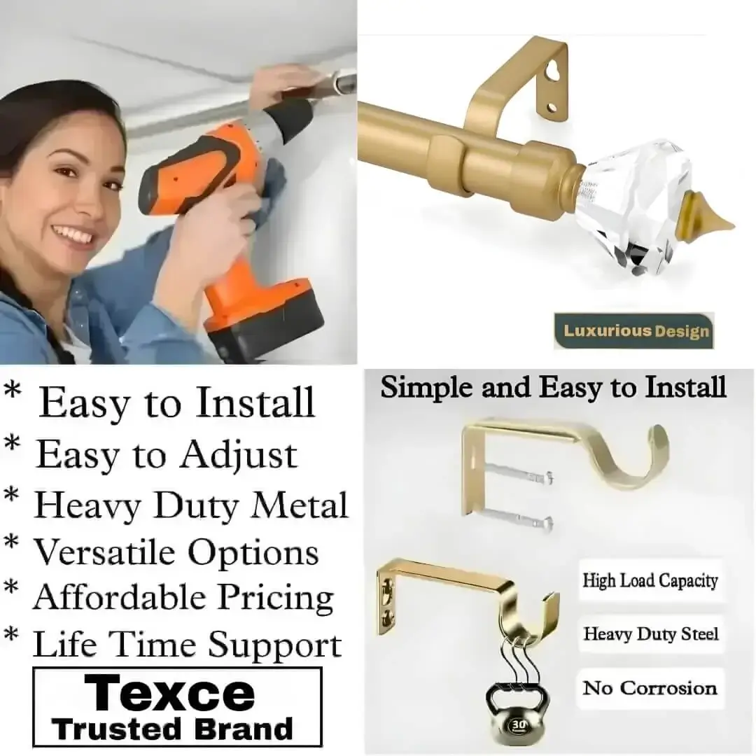 adjustable curtain rod with holder crystal curtain rod with holder, Three-panel showcase: (1) DIY girl installing a curtain rod with a drill, (2) elegant gold colour curtain rod with crystal ends, and (3) close up of heavy duty steel holder. Overlay text highlights: ‘Easy to install, easily adjustable, heavy duty metal, versatile option, affordable pricing, life time support, heavy load capacity, heavy duty steel, no corrosion and Texce—a trusted brand.