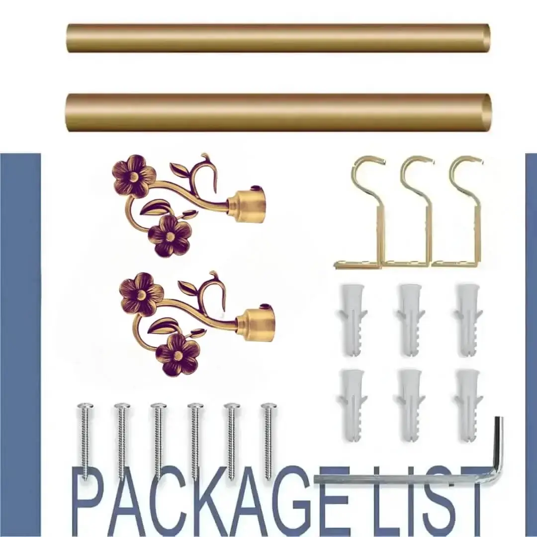 expandable curtain rod set expandable curtain rod set - showcase, complete adjustable curtain rod set with accessories displayed with all included components: 2 decorative finials, 3 heavy duty brackets, 1 rod, wall anchors, and screws. Text overlay lists the 'Package List,' showcasing everything needed for professional installation.