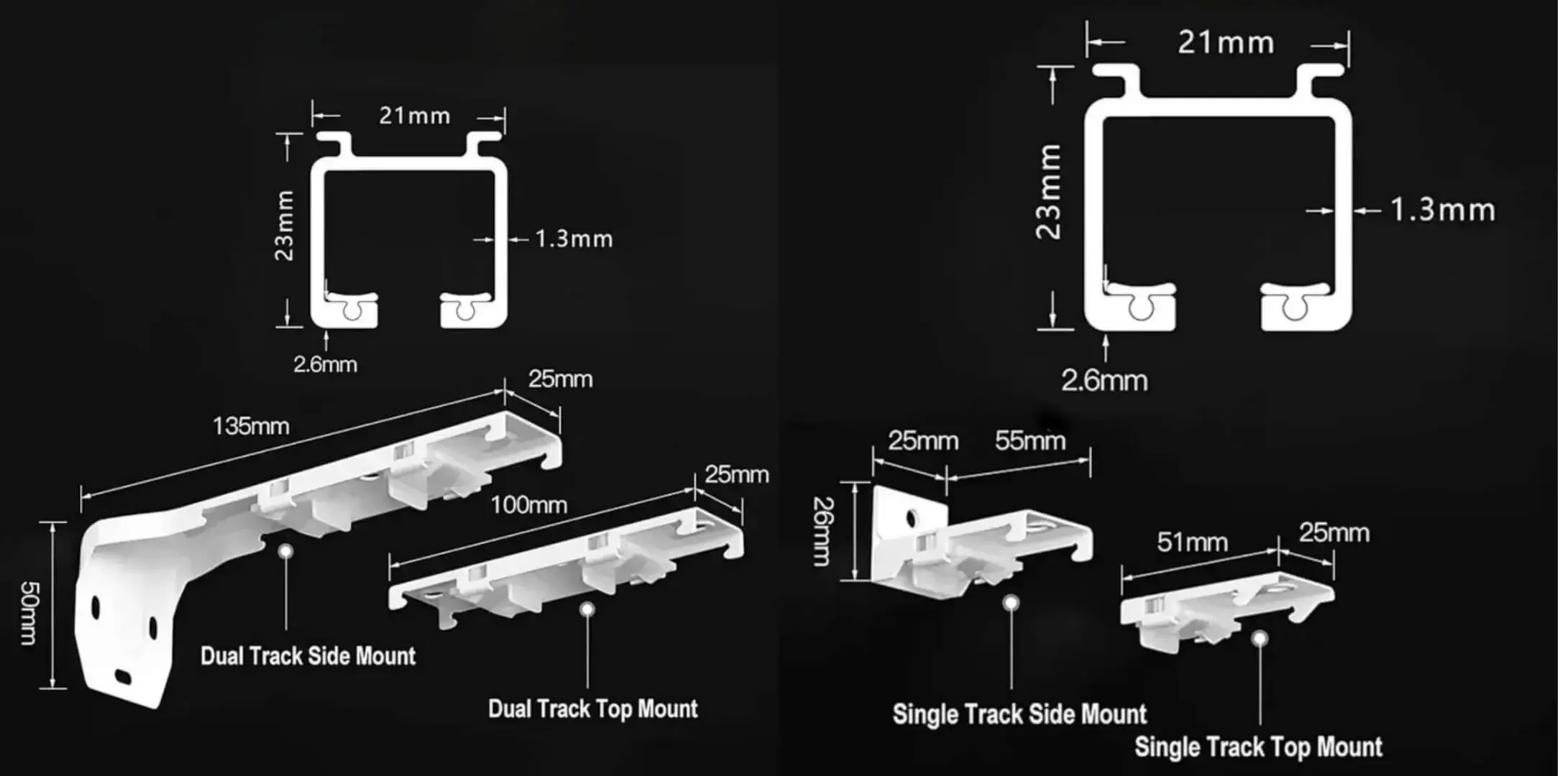 measurements of curtain brackets Close-up technical diagram showing precise bracket measurements for ceiling or wall-mounted curtain track installation, including screw hole spacing and load-bearing specs