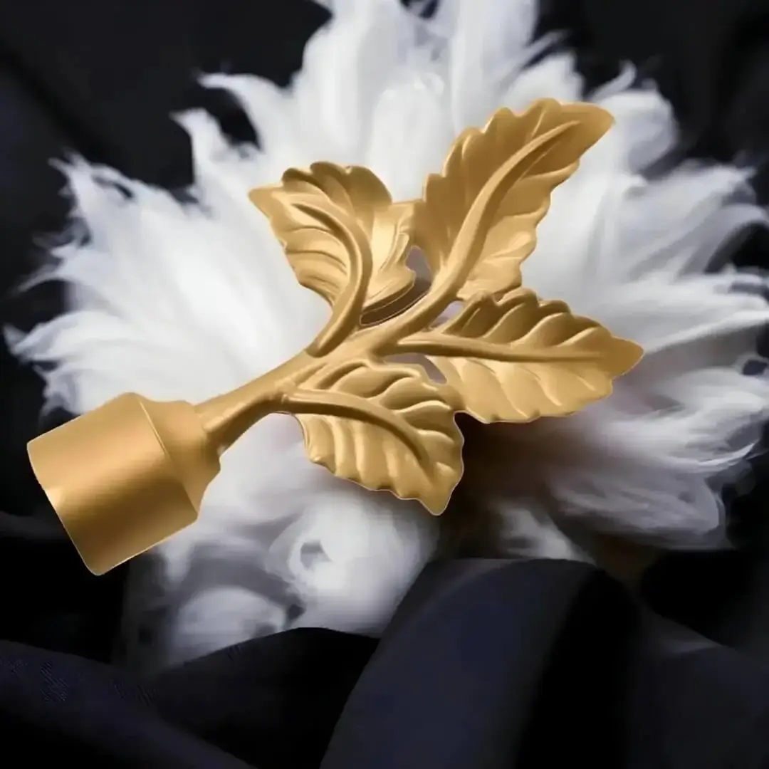 gold leaf finial for curtain rod gold leaf finial for curtain rod - Elegant gold-toned finial with a detailed leaf motif, designed to be the end cap for a curtain rod.