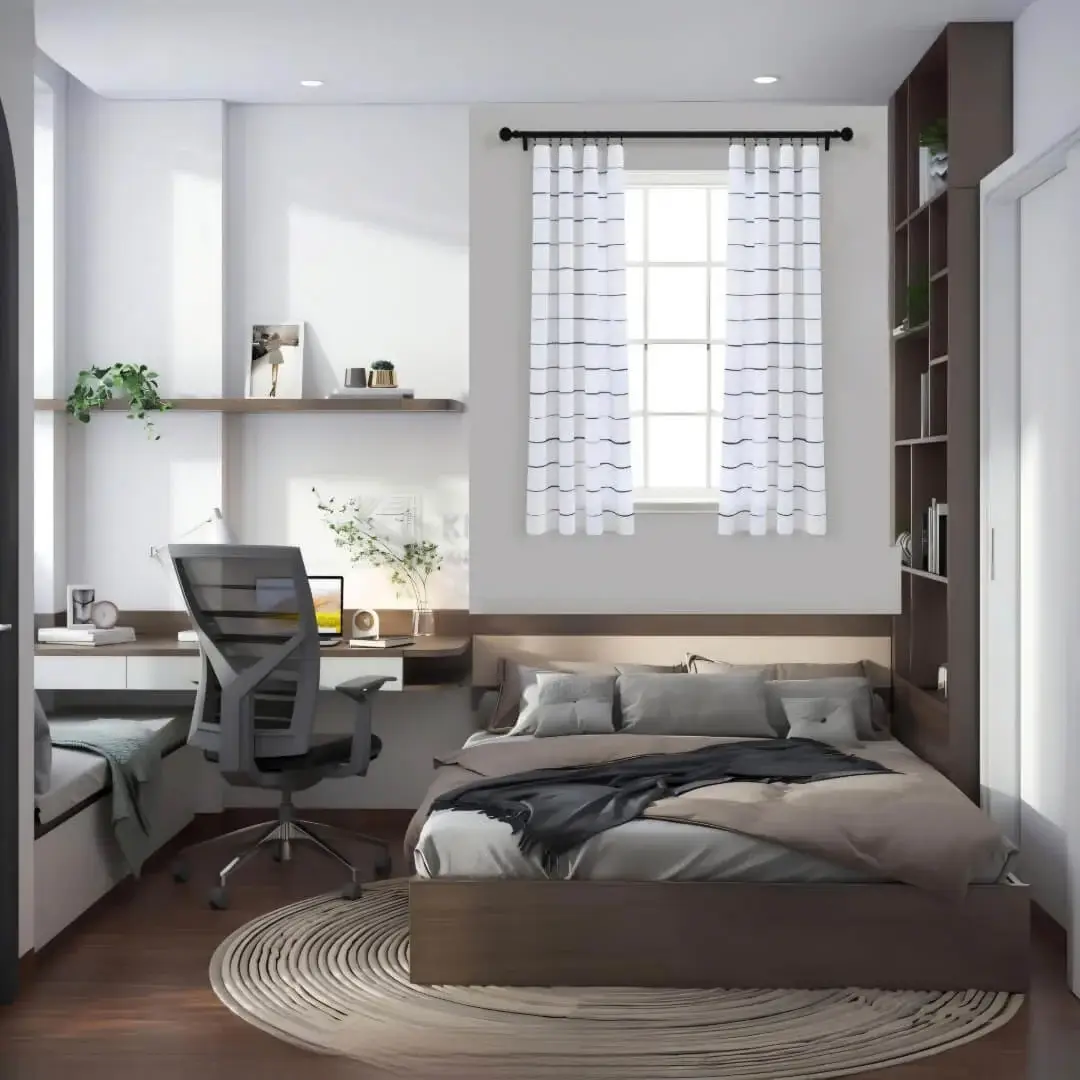 black curtain rod for bedroom black curtain rod for bedroom - Elegant checks curtain gracefully hanging from a sleek black curtain rod installed on a small window in a bedroom, creating an airy and sophisticated look