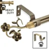 heavy duty antique brass curtain rod heavy duty antique brass curtain rod - Three-panel close-up: (1) Antique-finish curtain rod with intricate leaf and flower designs (decorative detail), (2) another rod supporting heavy weights without bending—proving its dual elegance and industrial-strength durability for long-term use, and (3) curtain bracket holding heavy weight showcasing its strength and capable of holding heavy blackout curtain with ease