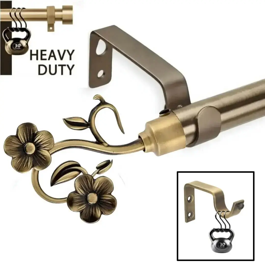 heavy duty antique brass curtain rod heavy duty antique brass curtain rod - Three-panel close-up: (1) Antique-finish curtain rod with intricate leaf and flower designs (decorative detail), (2) another rod supporting heavy weights without bending—proving its dual elegance and industrial-strength durability for long-term use, and (3) curtain bracket holding heavy weight showcasing its strength and capable of holding heavy blackout curtain with ease