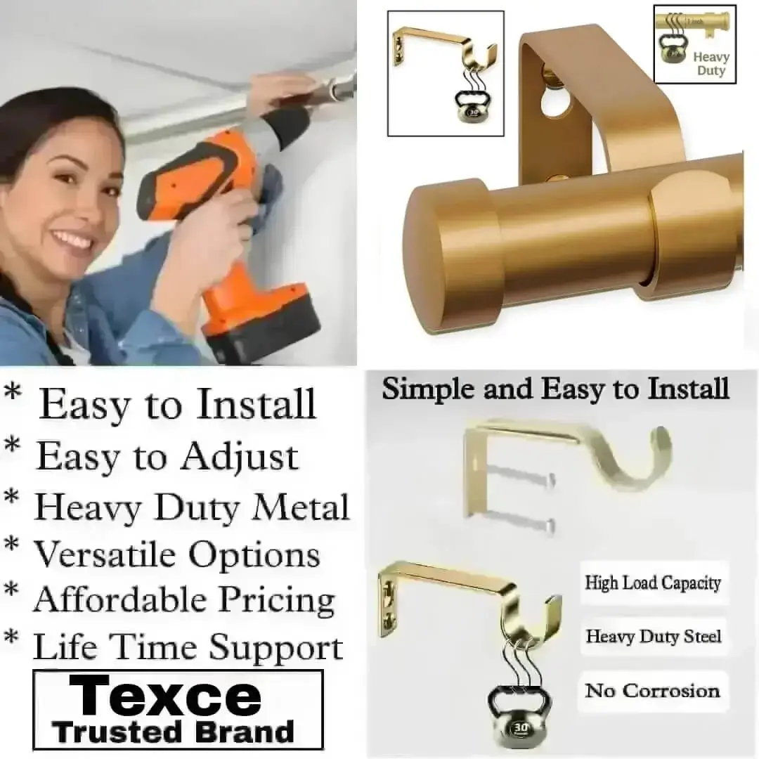 curtain rod with brackets curtain rod with brackets - Three-panel showcase: (1) DIY girl installing a curtain rod with a drill, (2) elegant curtain rod with leaf finial, and (3) close-up of heavy-duty steel brackets. Overlay text highlights: ‘Easy to install, corrosion-proof steel, versatile styles, affordable pricing, lifetime support, and Texce—a trusted brand