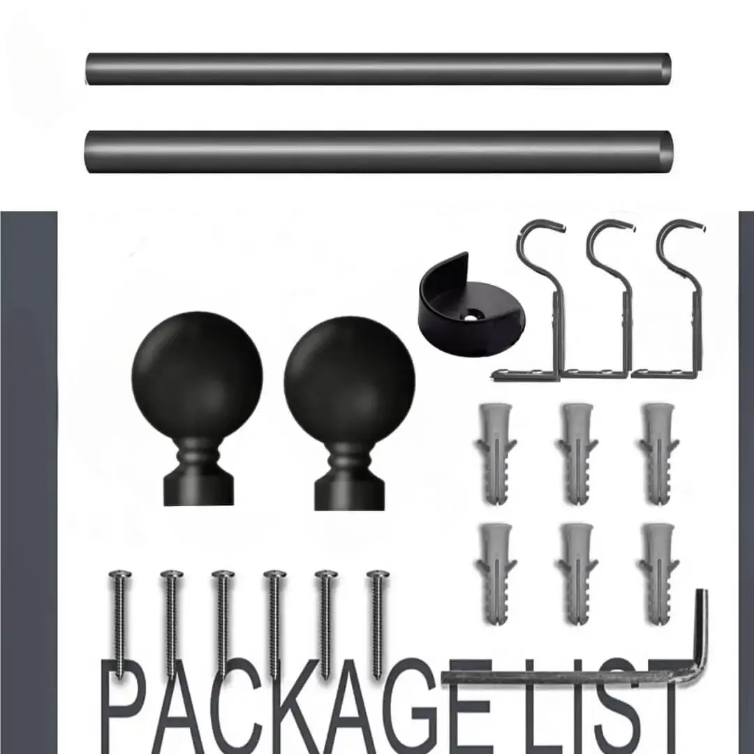 curtain rod kit curtain rod kit - Complete curtain rod set displayed with package contents: 2 decorative finials, 3 heavy-duty brackets, 2 adjustable rods, wall anchors, and screws. Text overlay highlights 'Package List'—everything needed for professional installation