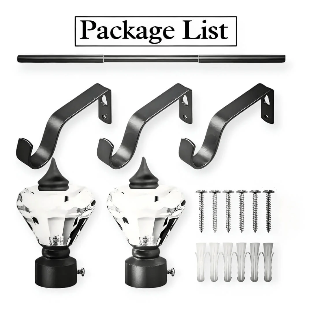 curtain rod complete fitting curtain rod kit, curtain rod set showcase, complete curtain pipe set with accessories displayed with all included components: 2 decorative finials, 3 heavy duty brackets, 2 adjustable rods, wall anchors, and screws. Text overlay lists the 'Package List,' showcasing everything needed for professional installation.