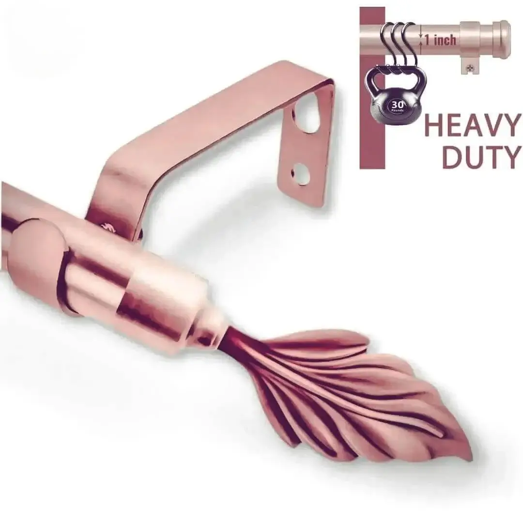 heavy duty curtain pole heavy duty curtain rod - showcase: (1) Rose gold curtain rod with leaf finial supporting 35 lbs weight (text: 'Heavy Duty, Thick and Sturdy'), proving luxury meets strength (0.8mm thick, 1-inch diameter). (2) Smooth telescoping adjustment (text: 'Simple and Smooth'). (3) Ideal for heavy blackout curtains.