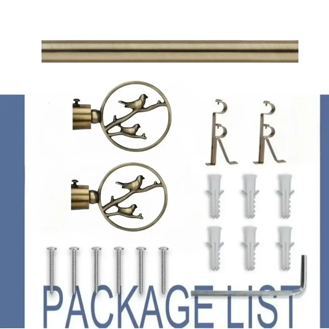 antique finish curtain rod and accessories antique finish curtain rod and accessories -showcase, complete curtain rod set with accessories displayed with all included components: 2 decorative finials, 3 heavy duty brackets, 1 rod, wall anchors, and screws. Text overlay lists the 'Package List,' showcasing everything needed for professional installation.