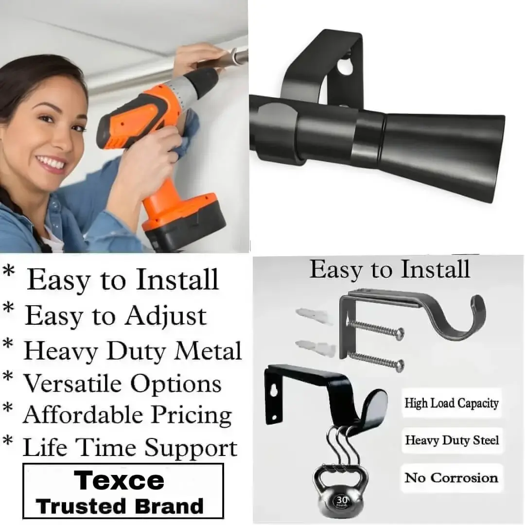 curtain rod and bracket curtain rod and bracket - Three-panel showcase: (1) DIY girl installing a curtain rod with a drill, (2) elegant black minimalist curtain rod, (3) close-up of heavy-duty steel brackets. Overlay text highlights: ‘Easy to install, corrosion-proof steel, versatile styles, affordable pricing, lifetime support, and Texce—a trusted brand