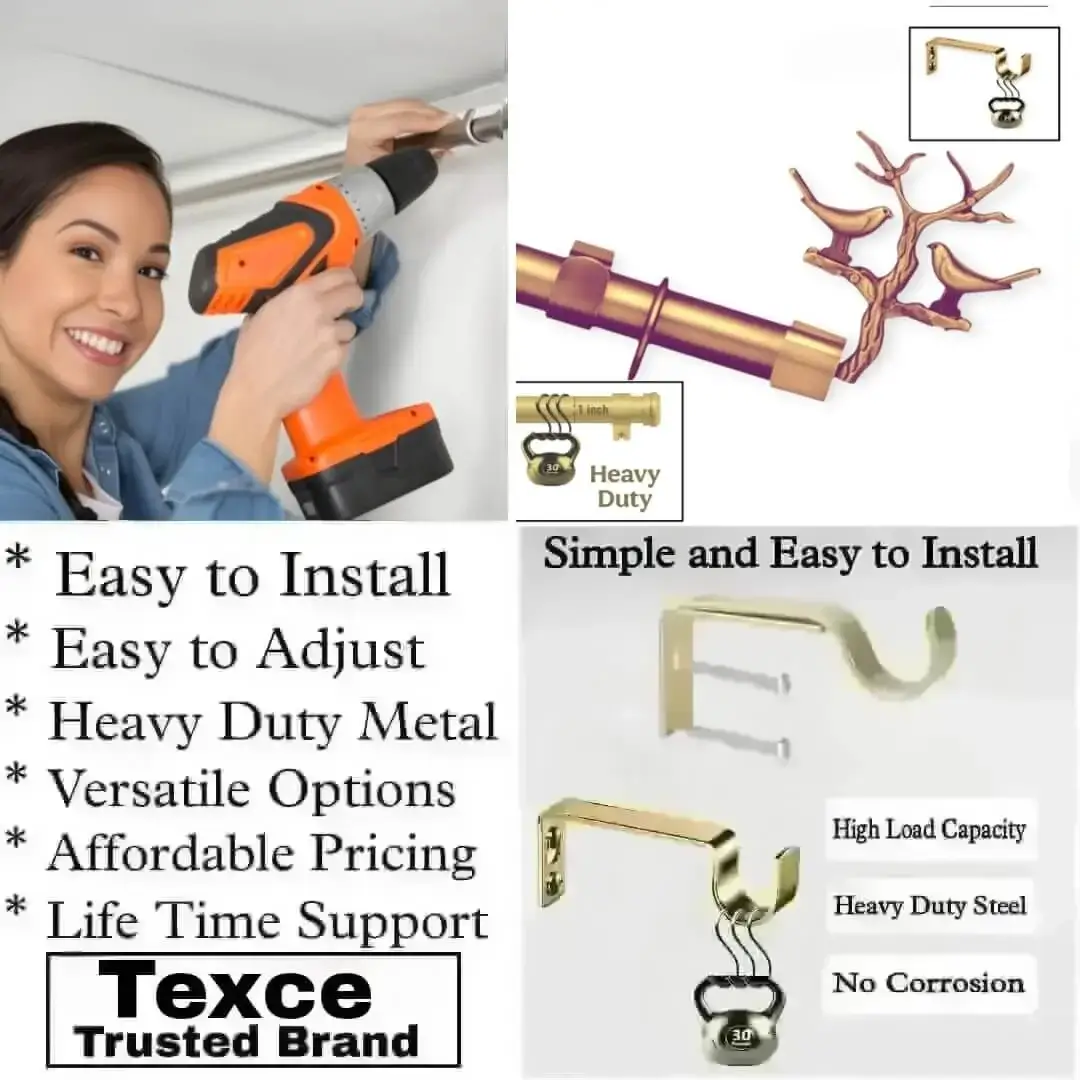 adjustable gold curtain rod set with brackets extendable gold curtain rod set with brackets - Three-panel showcase: (1) DIY girl installing a curtain rod with a drill, (2) elegant gold curtain rod with flower finial, and (3) close-up of heavy-duty steel brackets. Overlay text highlights: ‘Easy to install, corrosion-proof steel, versatile styles, affordable pricing, lifetime support, and Texce—a trusted brand