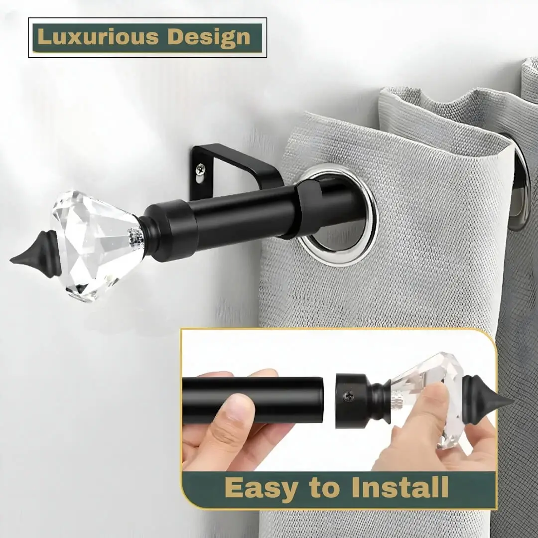 curtain rod with decorative ends curtain rod with diamond, Beautiful beige grommet curtain hanging from a black crystal finial curtain rod, installed on a bedroom window for an elegant modern window treatment.
