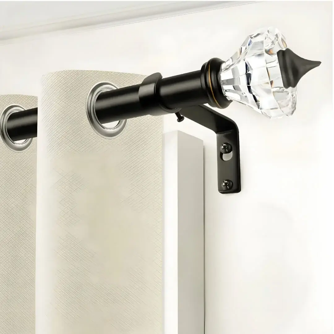curtain rod with diamond curtain rod with diamond, Beautiful beige grommet curtain hanging from a black crystal finial curtain rod, installed on a bedroom window for an elegant modern window treatment.