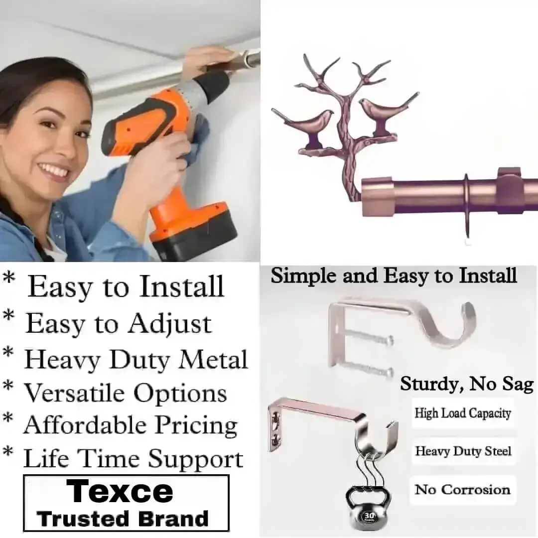 curtain rod with supports curtain rod with supports - DIY girl installing a curtain rod with a drill, (2) elegant rose gold arrow-shaped finial rod design, and (3) close-up of heavy-duty steel brackets. Overlay text highlights: ‘Easy to install, corrosion-proof steel, versatile styles, affordable pricing, lifetime support, and Texce—a trusted brand