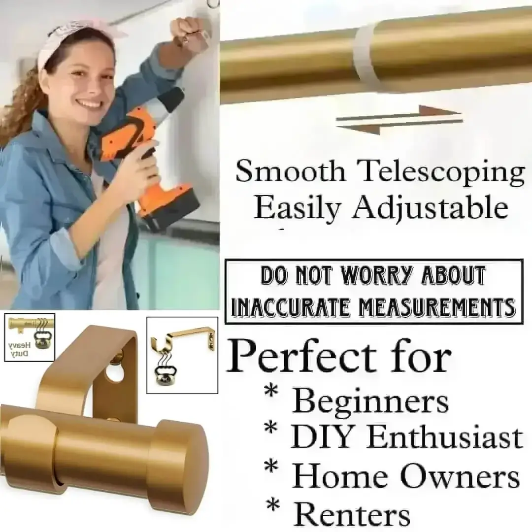 gold adjustable curtain rods gold adjustable curtain rods - showcase, DIY girl installing curtain rods with a drill—text highlights ‘Perfect for DIY enthusiasts, Apartments, renters, beginners, home owners !’ Features smooth telescoping rods, and easily adjustable design so you never worry about inaccurate measurements
