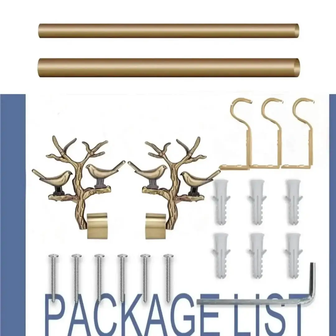 adjustable gold curtain pole set adjustable gold curtain pole set - displayed with all included components: 2 decorative finials, 3 heavy duty brackets, 2 adjustable rods, wall anchors, and screws. Text overlay lists the 'Package List,' showcasing everything needed for professional installation.