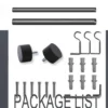black curtain pole and brackets black curtain pole and brackets - Showcase, complete curtain rod set with accessories displayed with all included components: 2 decorative finials, 3 heavy duty brackets, 1 rod, wall anchors, and screws. Text overlay lists the 'Package List,' showcasing everything needed for professional installation.