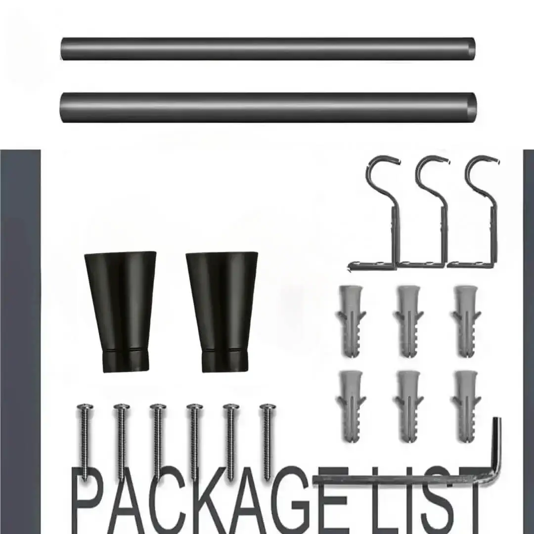 curtain rods and accessories Complete adjustable curtain rod set displayed with package contents: 2 finials, 3 heavy-duty brackets, 1 adjustable rods, wall anchors, and screws. Text overlay highlights 'Package List'—everything needed for professional installation