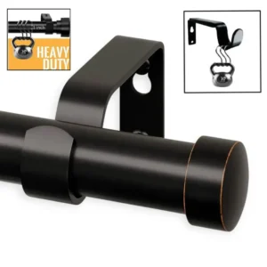heavy duty black curtain rod - 3 panel showcase - Close-up of a modern black curtain rod with an elegant end cap finial, (2) black curtain rod demonstrating its strength by easily supporting heavy weight, and (3) durable black curtain rod bracket holding heavy weight showcasing its exceptional load-bearing capacity