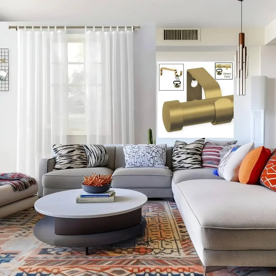 rod set for living room curtains rod set for living room curtains - Stylish apartment living room with flowing curtains on a metallic finish curtain rod, paired with a cozy sofa set, vibrant cushions, and wall paintings—creating a chic, inviting ambiance.