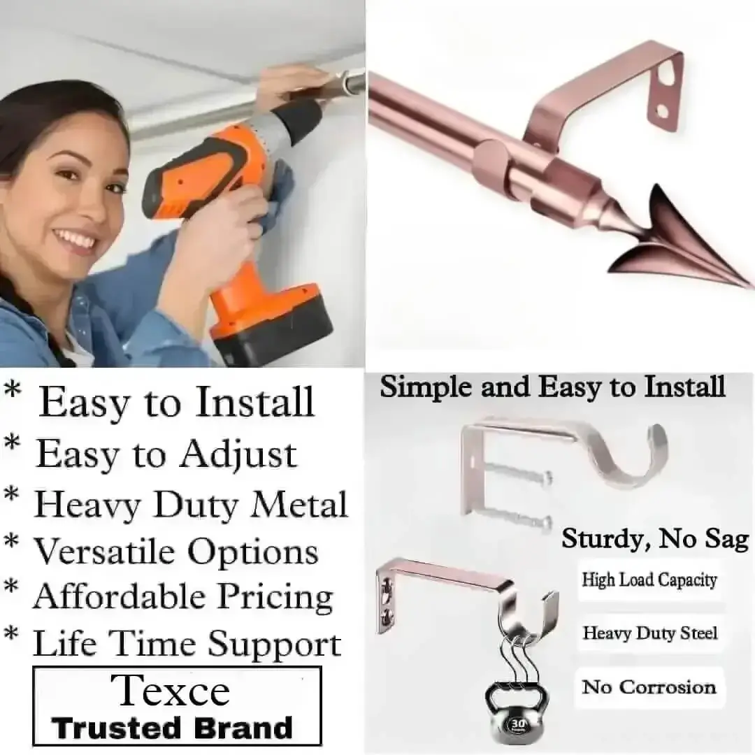 pink gold curtain rod with brackets pink gold curtain rod with brackets - DIY girl installing a curtain rod with a drill, (2) elegant rose gold arrow-shaped finial rod design, and (3) close-up of heavy-duty steel brackets. Overlay text highlights: ‘Easy to install, corrosion-proof steel, versatile styles, affordable pricing, lifetime support, and Texce—a trusted brand