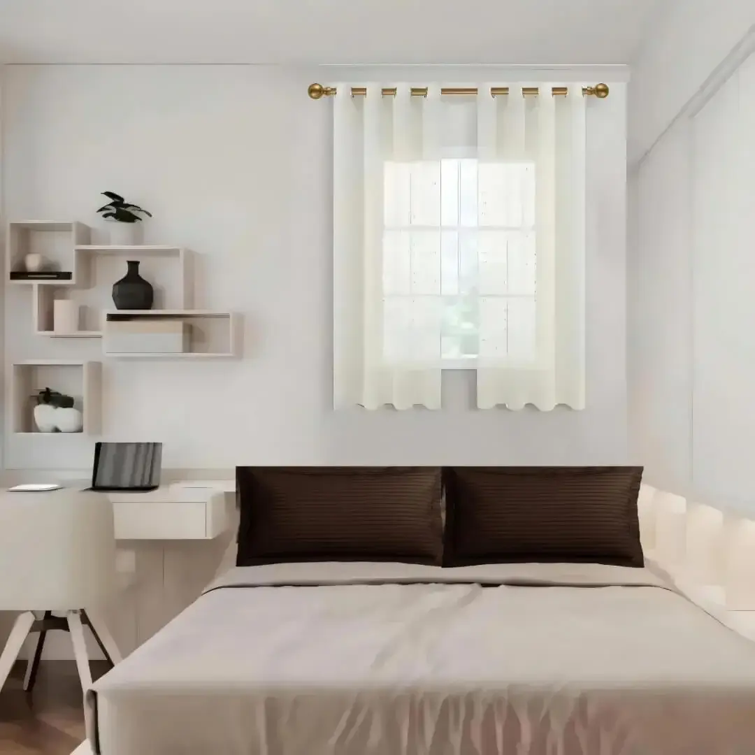 extendable curtain rods for bedroom window extendable curtain rod for bedroom - Elegant white sheer curtains on a gold extendable curtain rod with ball finials in a cozy bedroom with a cot, bed, and wall art creating an inviting ambiance