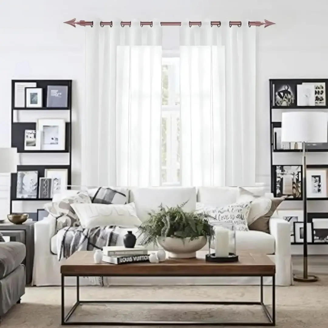 rose gold curtain rod for living room rose gold curtain rod for living room - Stylish living room with flowing voile curtains on a rose gold curtain rod, paired with a cozy sofa set, vibrant cushions, and wall paintings—creating a chic, inviting ambiance