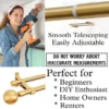 gold retractable curtain rod gold retractable curtain rod - DIY girl installing curtain brackets with a drill—text highlights ‘Perfect for beginners, DIY enthusiasts, homeowners and renters!’ Features smooth telescoping rods, and easily adjustable design so you never worry about inaccurate measurements