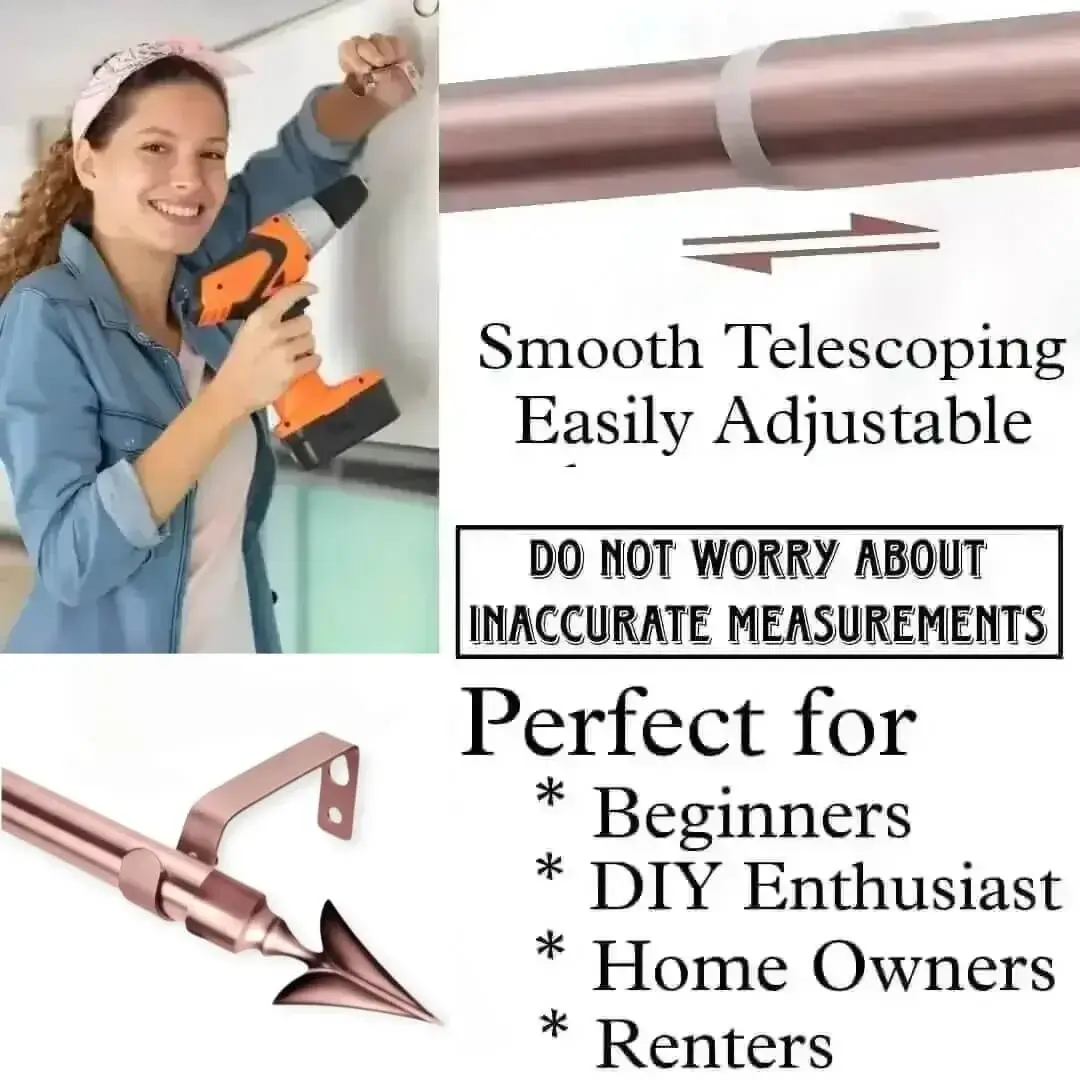pink gold curtain pole extendable pink gold curtain pole extendable - DIY girl installing curtain brackets with a drill—text highlights ‘Perfect for beginners, DIY enthusiasts, homeowners and renters!’ Features smooth telescoping rods, and easily adjustable design so you never worry about inaccurate measurements