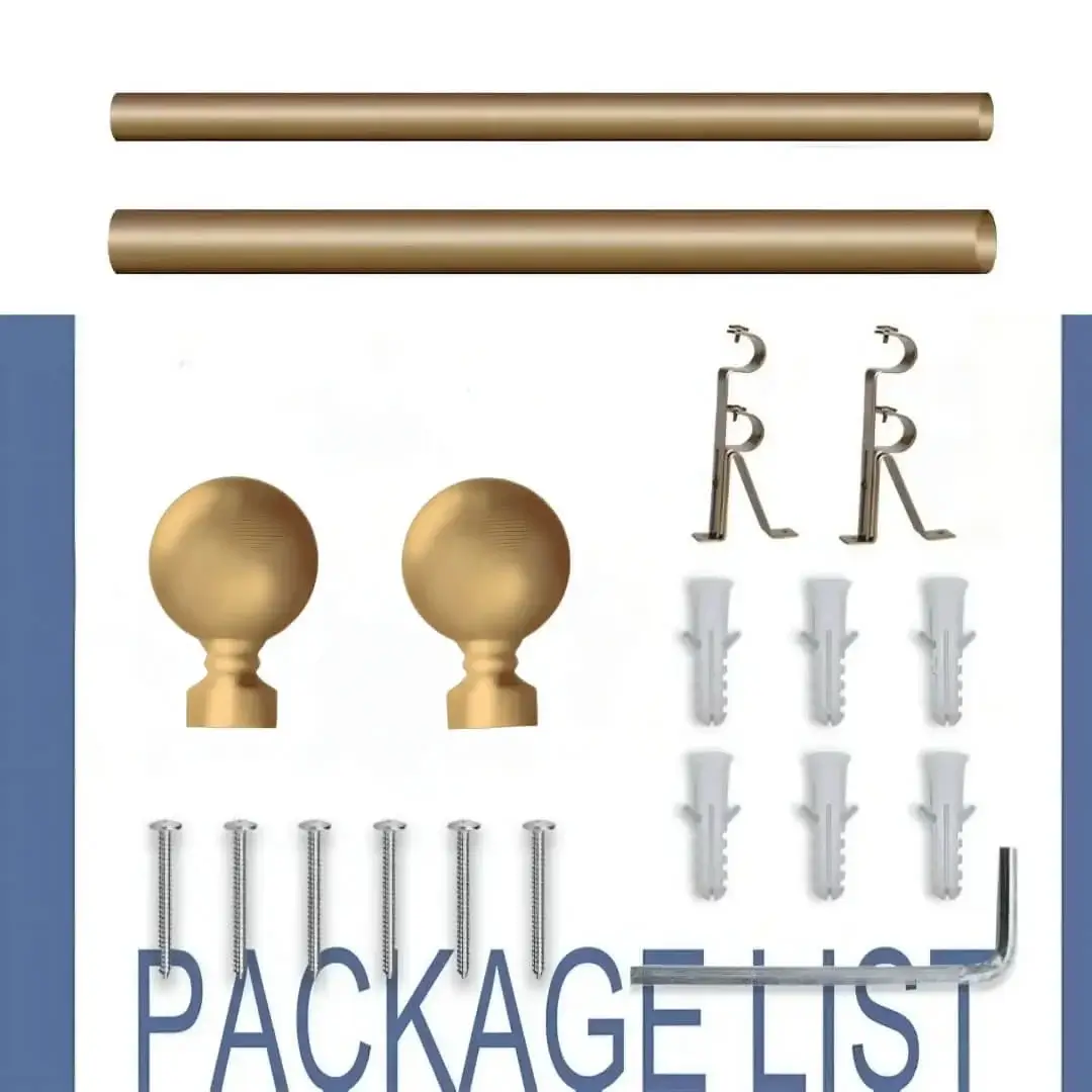 extendable curtain rod set with holder extendable curtain rod set with holder -displayed with all included components: 2 decorative finials, 3 heavy duty brackets, 2 adjustable rods, wall anchors, and screws. Text overlay lists the 'Package List,' showcasing everything needed for professional installation.