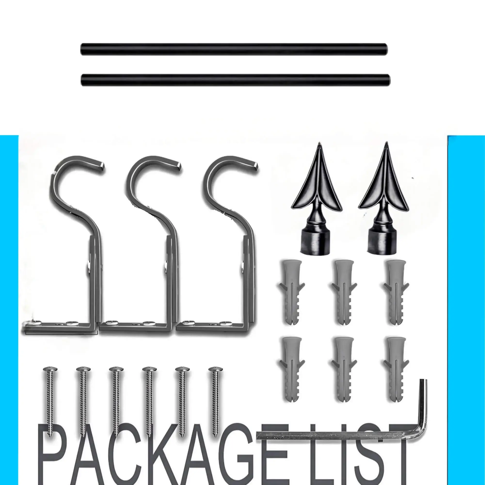 black curtain pole set black curtain pole set - Complete curtain rod set displayed with package contents: 2 decorative finials, 3 heavy-duty brackets, 2 adjustable rods, wall anchors, and screws. Text overlay highlights 'Package List'—everything needed for professional installation