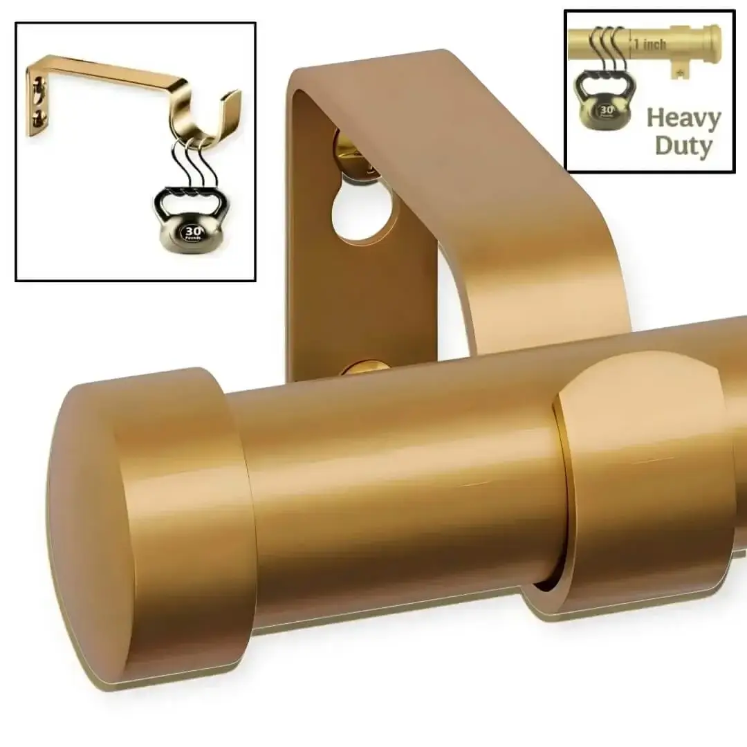 adjustable gold curtain rod adjustable gold curtain rods - Four images showcasing a gold adjustable curtain rod, 1) Main image is gold colour curtain rod, 2) Image with curtain rod holding heavy weight, text highlights '1 inch curtain rod, Heavy Duty – Holds 35 lbs with ease'; 3) Close-up of telescoping mechanism with 'Easily Adjustable, Smooth Telescoping and not to worry about inaccurate measurements' text; 4) Curtain bracket holding heavy weight showcasing its strength and sturdiness