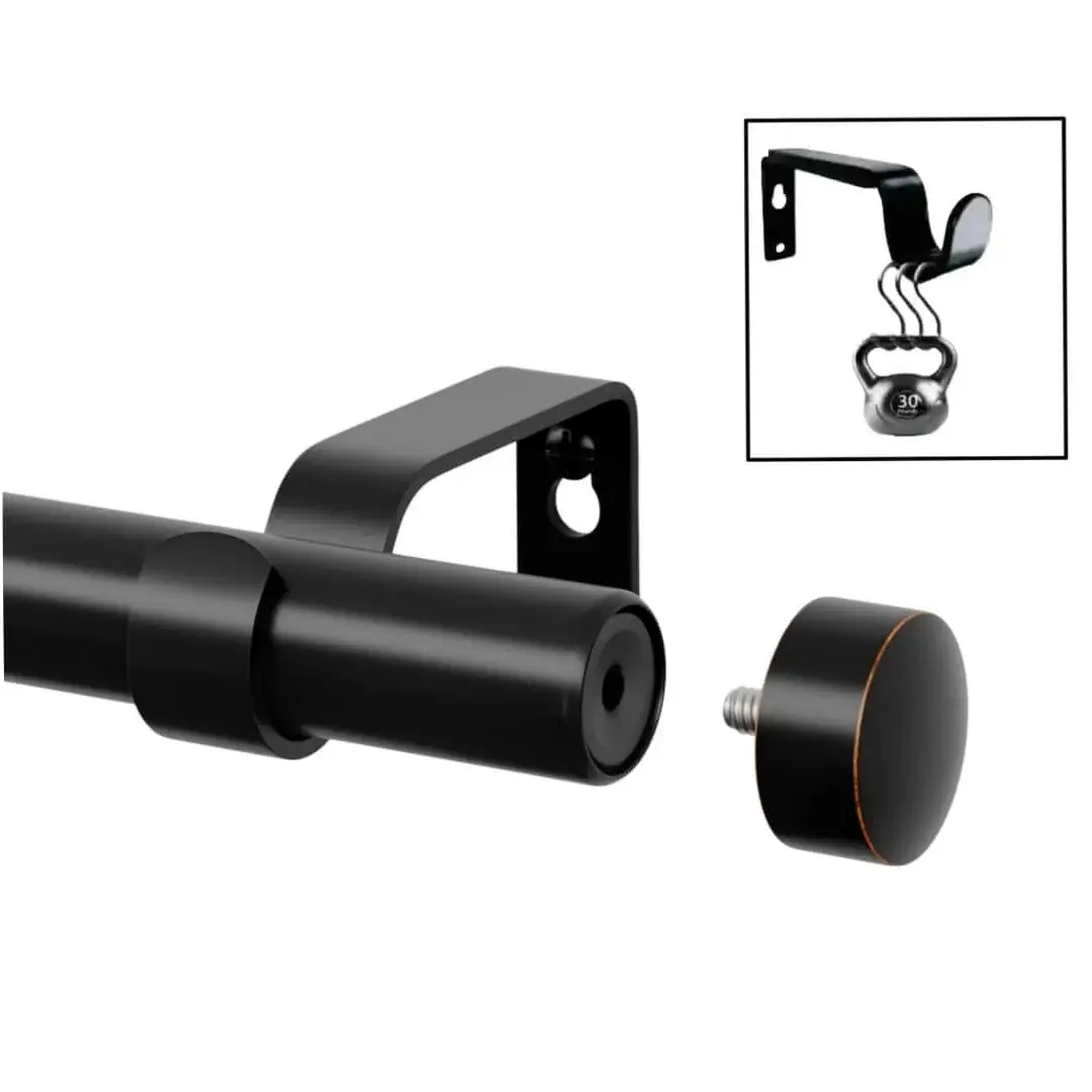 curtain rod with finial curtain rod with finial - two panel showcase - Close-up of a modern black curtain rod with an elegant end cap finial, (2) durable black curtain rod bracket holding heavy weight showcasing its exceptional load-bearing capacity