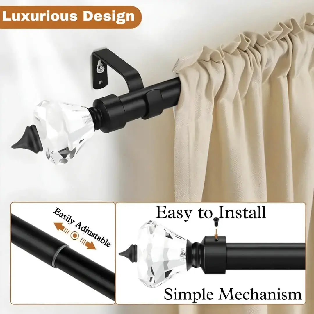 curtain-rods-with-glass-finials.webp extendable rod for curtains, Three-panel feature of a pocket curtain rod: 1) Beautiful pocket-style curtain hanging from a black rod with crystal finial end. 2) Adjustable curtain rod mechanism with 'easily adjustable' text highlight. 3) Demonstration of simple installation with 'easy to install, simple mechanism' highlight.,