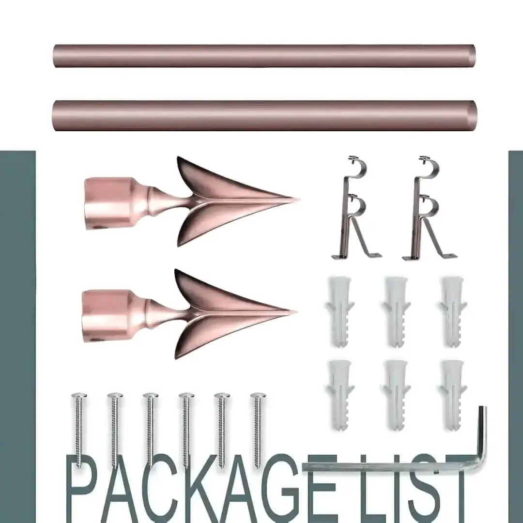 rose gold curtain rod set rose gold curtain rod set - showcase, complete gold curtain rod set with accessories displayed with all included components: 2 decorative finials, 3 heavy duty brackets, 1 rod, wall anchors, and screws. Text overlay lists the 'Package List,' showcasing everything needed for professional installation.