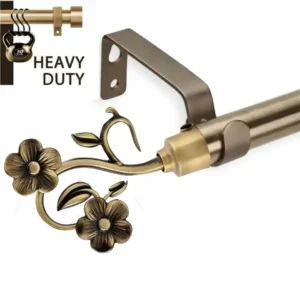 antique curtain rods - Two-panel close-up: (1) Antique-finish curtain rod with intricate leaf and flower designs (decorative detail), and (2) another rod supporting heavy weights without bending—proving its dual elegance and industrial-strength durability for long-term use