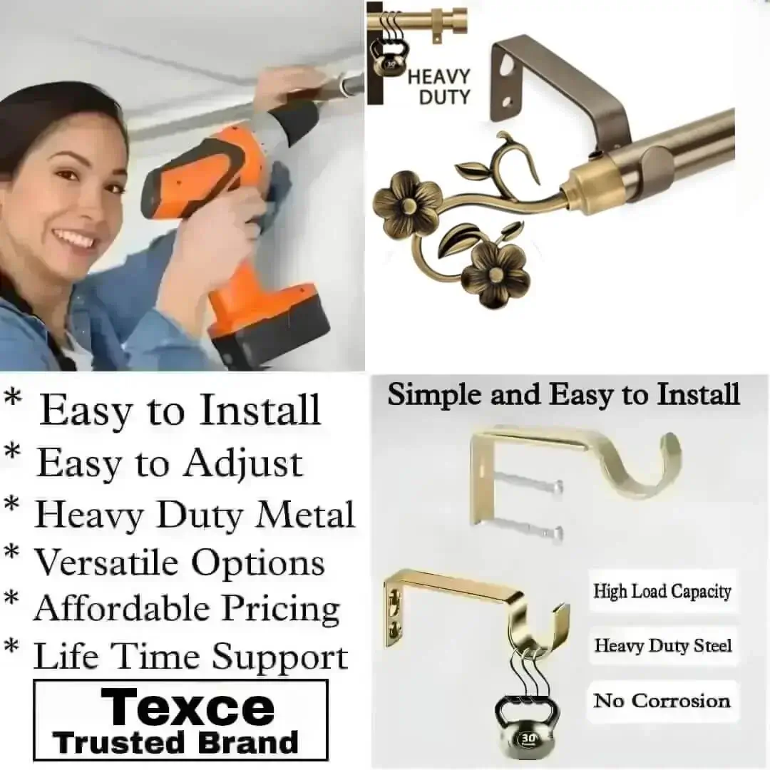 antique curtain pole with metal brackets antique curtain pole with metal brackets - Three-panel showcase: (1) DIY girl installing a curtain rod with a drill, (2) elegant bird-shaped finial rod design, and (3) close-up of heavy-duty steel brackets. Overlay text highlights: ‘Easy to install, corrosion-proof steel, versatile styles, affordable pricing, lifetime support, and Texce—a trusted brand