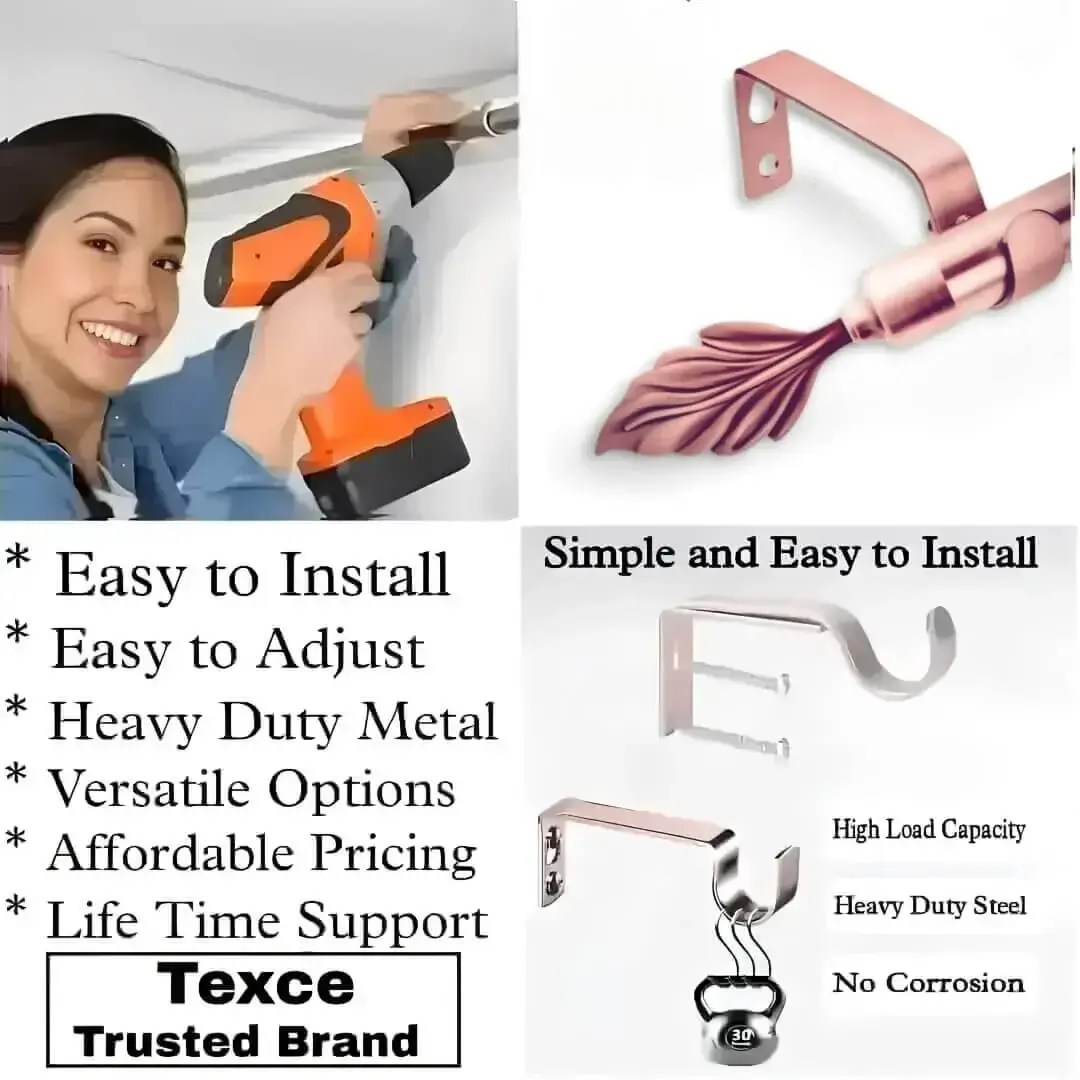 80 inch curtain rod with holder 80 inch curtain rod with holder - Three-panel showcase: (1) DIY girl installing a rose gold colour curtain rod with a drill, (2) elegant curtain rod with leaf finial, and (3) close-up of heavy-duty steel brackets. Overlay text highlights: ‘Easy to install, corrosion-proof steel, versatile styles, affordable pricing, lifetime support, and Texce—a trusted brand