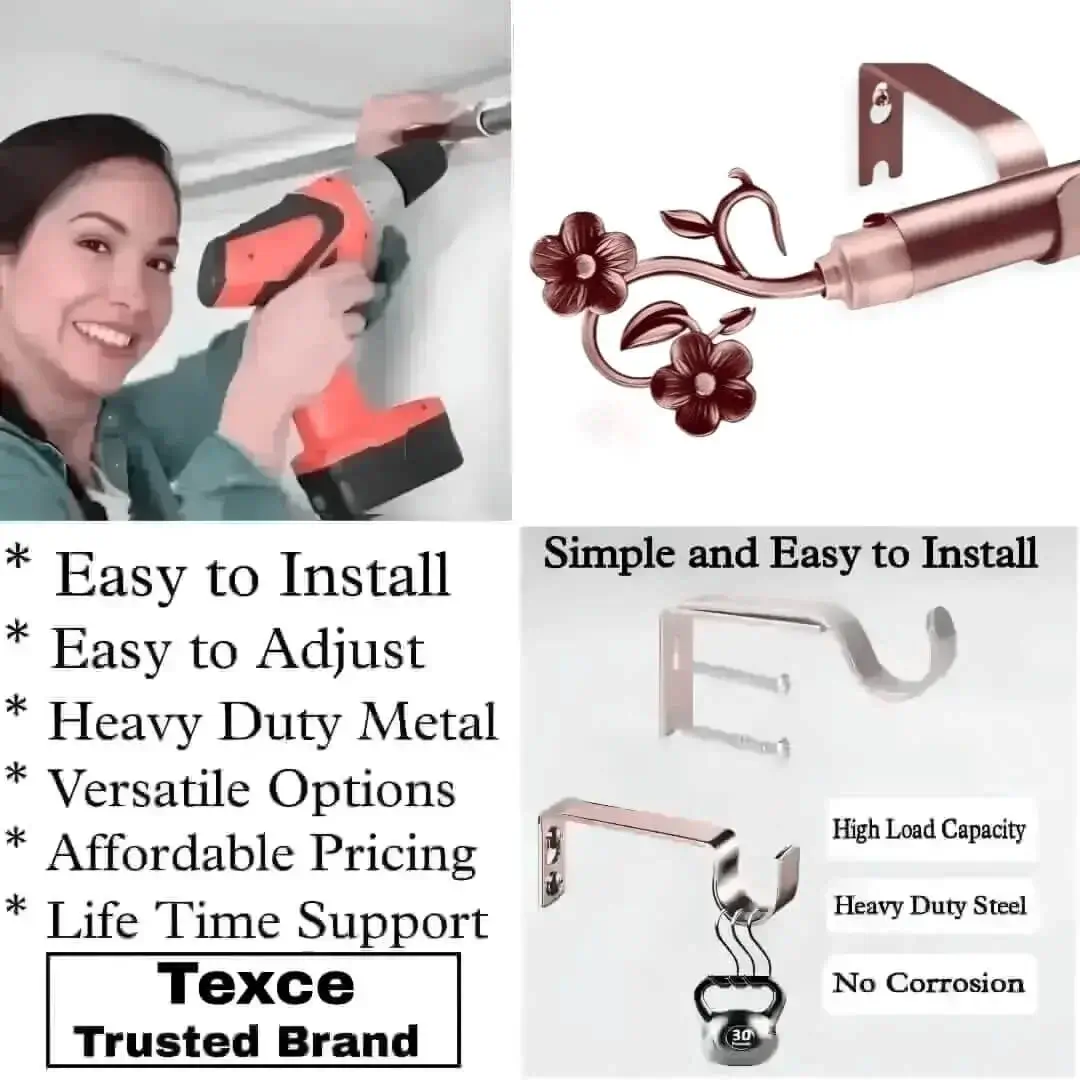curtain rod with bracket kit curtain rod with bracket kit - Three-panel showcase: (1) DIY girl installing a curtain rod with a drill, (2) elegant flower-shaped finial rod design, and (3) close-up of heavy-duty steel brackets. Overlay text highlights: ‘Easy to install, corrosion-proof steel, versatile styles, affordable pricing, lifetime support, and Texce—a trusted brand