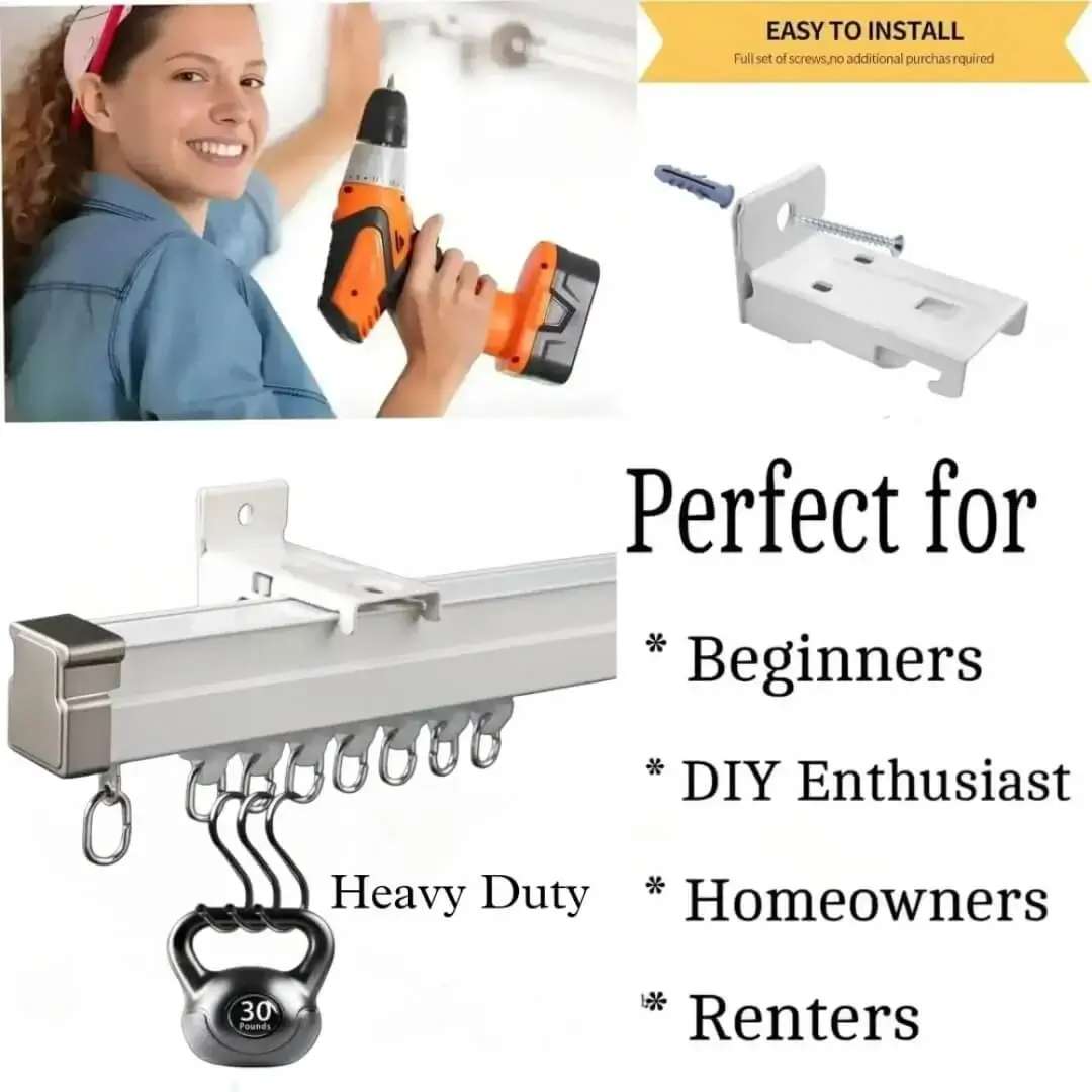 heavy duty curtain track DIY girl installing curtain track with a drill—text highlights ‘Perfect for beginners, DIY enthusiasts, homeowners and renters!’ Features smooth and easy to install so you never worry about installation difficulties